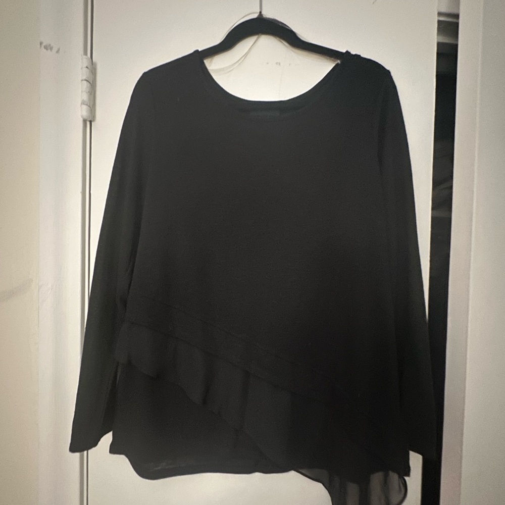 AB Studio Black Long Sleeve Asymmetric Layered Hem Top